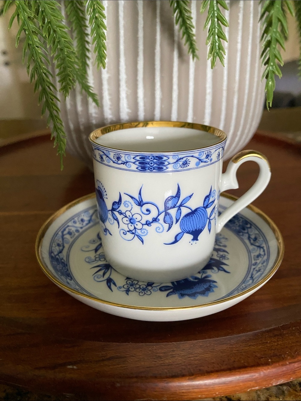 Royal Franconia blue and white floral gold rim Demitasse Cup & Saucer